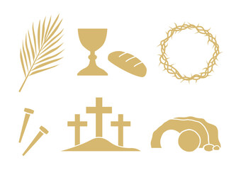 golden set of Easter and Holy Week related icons: palm leaf, holy communion chalice,  crown of thorns, nails, mount Calvary, Jesus tomb - vector illustration - 762773588