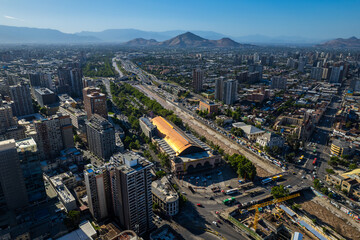 Beautiful aerial footage of the Plaza de Armas, Metropolitan Cathedral of Santiago de Chile,...