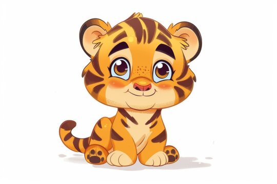 Cute tiger cub, kawaii character on white background