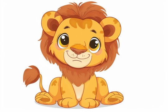 Cute lion cub, kawaii character on white background