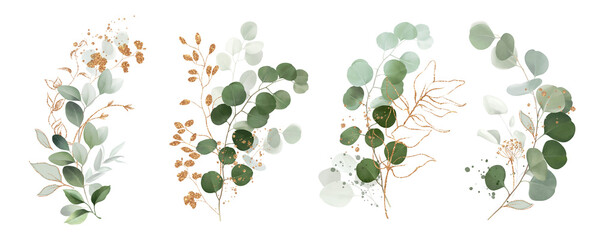 Watercolor bouquet of leaves and eucalyptus branch with gold. Botanical herbal illustration for wedding or greeting card. Hand painted spring composition isolated on white background. © Olga.And.Design
