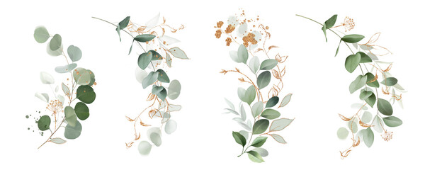 Watercolor bouquet of leaves and eucalyptus branch with gold. Botanical herbal illustration for wedding or greeting card. Hand painted spring composition isolated on white background. © Olga.And.Design