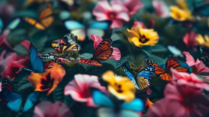 Colorful Butterflies on Vibrant Flowers Macro Shot - Powered by Adobe