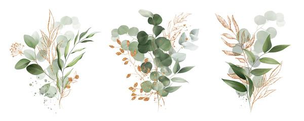 Watercolor bouquet of leaves and eucalyptus branch with gold. Botanical herbal illustration for wedding or greeting card. Hand painted spring composition isolated on white background. - obrazy, fototapety, plakaty