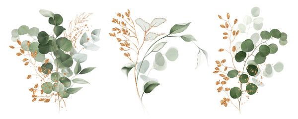 Watercolor bouquet of leaves and eucalyptus branch with gold. Botanical herbal illustration for wedding or greeting card. Hand painted spring composition isolated on white background. - obrazy, fototapety, plakaty