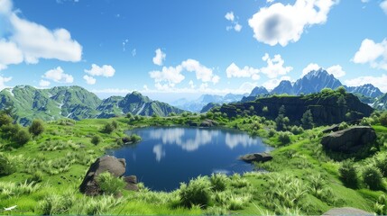 Fototapeta premium a digital painting of a mountain lake surrounded by lush green grass and a blue sky with puffy white clouds.