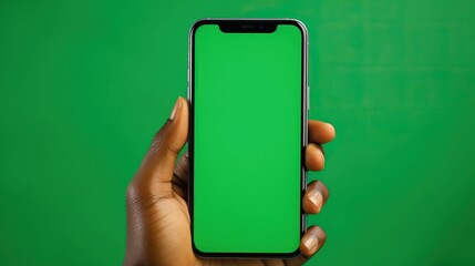 An African-American Woman uses her smart phone with her fingers that shows a green screen on the screen and background for creative to insert their products.
