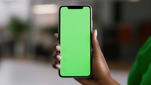 An African-American Woman uses her smart phone with her fingers that shows a green screen on the screen and background for creative to insert their products.

