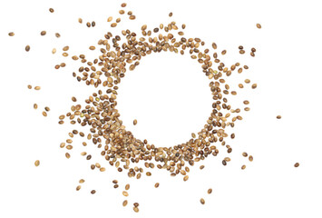 Hemp seeds isolated on white background, top view
