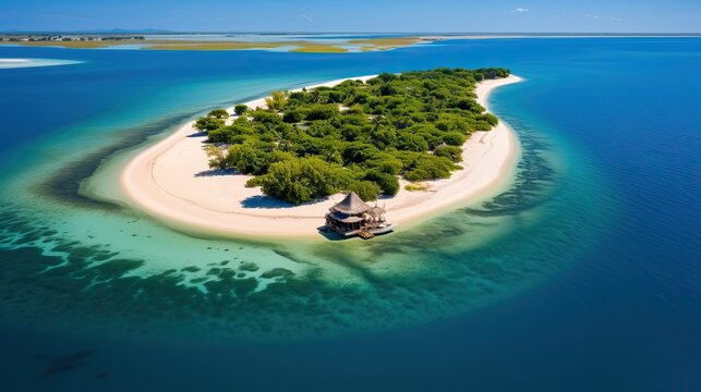 An Island in Vilankulo, Mozambique, Africa As Seen From Above, Surrounded by Sand and Water.


