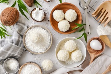 White kitchen table with coconut balls freshly made with bowl with grated coconut and kitchen tools. Top view. Horizontal composition.
