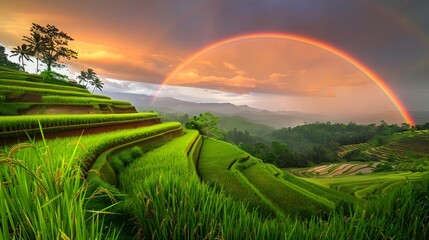 Rice plantation. Green rice paddy field. Rice growing agriculture. Green paddy field. Paddy-sown ricefield cultivation. The landscape of agricultural farm with rainbow on the sky in the rainy season. 