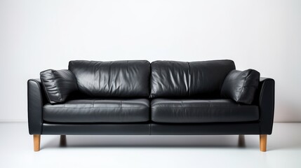 broken black leather sofa with wood leg on white background, broke and fix concept.


