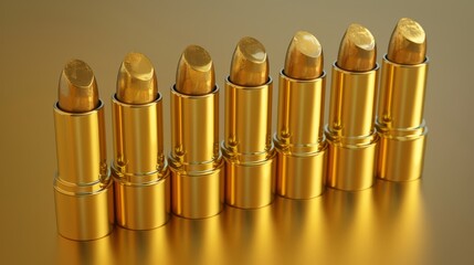 a row of gold lipsticks sitting on top of a gold counter top next to each other on a gold surface.