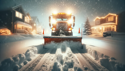 Brave the Blizzard: Snowplow Clears Path During Heavy Snowfall - obrazy, fototapety, plakaty