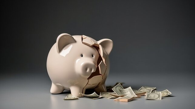 Broken piggy bank with beige adhesive on gray background.


