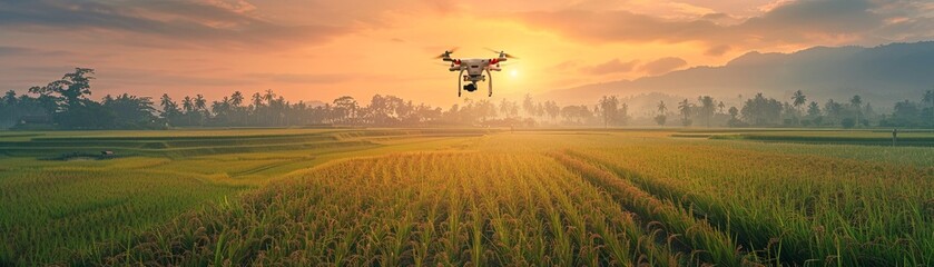 Drone flying over rice paddies, precision farming, sunrise light, wide angle