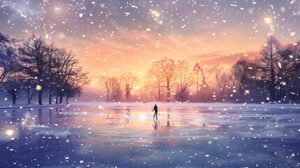 Fototapeta na wymiar Glorious Dawn Ice Skating: A Graceful Silhouette Against a Wintry Dreamscape