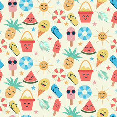 Fun kawaii summer icons seamless pattern with ice cream, popsicle, sand bucket, pineapple, watermelon and smiling sun. For kids fabric, summer print and wrapping paper. - obrazy, fototapety, plakaty