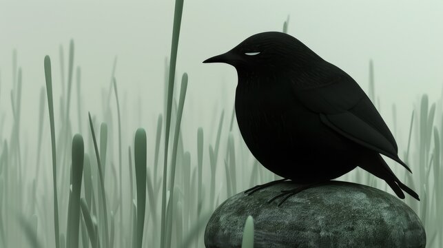 a black bird sitting on top of a rock in front of a field of tall grass with tall grass in the background.
