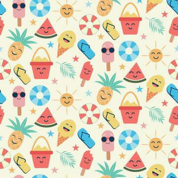 Fun kawaii summer icons seamless pattern with ice cream, popsicle, sand bucket, pineapple, watermelon and smiling sun. For kids fabric, summer print and wrapping paper.