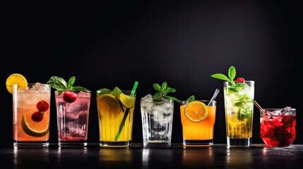 Cocktails assortment served on dark background. Classic drink menu concept. Copy space, panorama.


