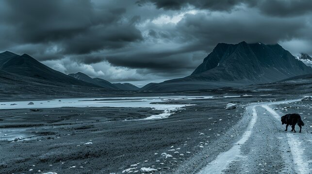 a black and white photo of a horse in the middle of a road with a mountain range in the background.