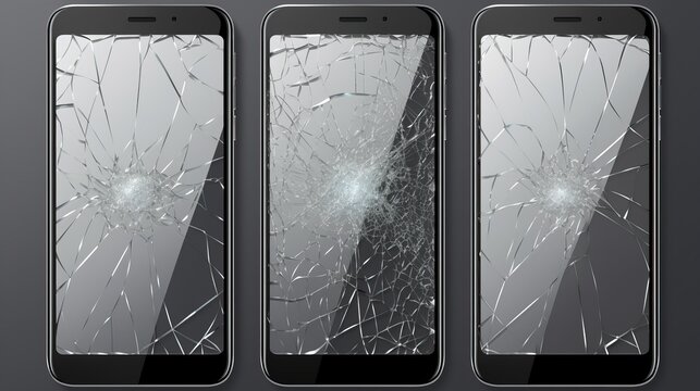 Cracked glass, vector scratched phone screen, smartphone broken pane shattered texture effect. Protector concept, realistic transparent crushed plexiglass design. Cracked glass, frame set hole, splits