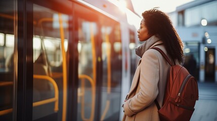 Cropped shot of an african american woman entering the bus while standing at the station.Black unrecognized female get in the public transportation while going to work or school. Copy space.


