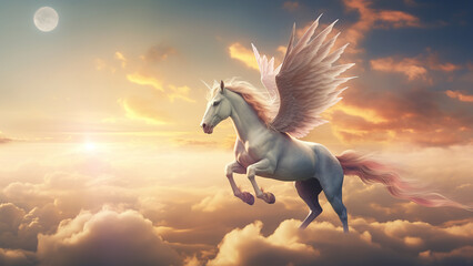 Obraz na płótnie Canvas Divine Twilight Flight: Magnificent White Pegasus Soaring Over Sunset Clouds