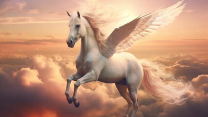 Obraz na płótnie Canvas Gilded Wings: Gorgeous White Pegasus Descending Under Sunset Sky and Sunbeams