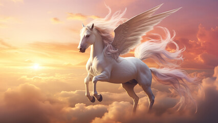 Obraz na płótnie Canvas Golden Horizon Grace: Beautiful White Pegasus Resting Against Sunset Sky and Sunrays