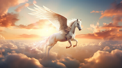 Obraz na płótnie Canvas Heavenly Equine Elegance: Gorgeous White Pegasus Soaring Above Sunset Clouds