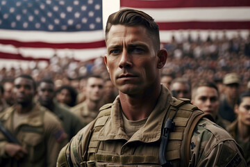 Portrait of a male soldier in uniform against a background of an American flag and a company of soldiers. Memorial Day. Independence Day in America. July 4.