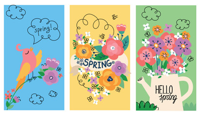 Set of natural spring posters. Colorful covers with blooming plants and flowers, inscriptions and doodle elements. Organic flyer Hello Spring. Cartoon flat vector collection isolated on background