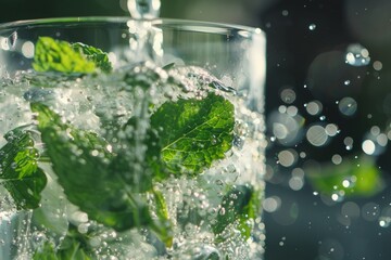 A close-up of mint leaves being added to a sparkling mojito cocktail