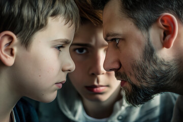 A man closely faces two children, showing a serious and focused expression, suggesting a moment of teaching or discipline.