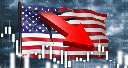 Crisis in USA. American flag with downward arrow. Falling charts American stock exchange. Economic crisis in USA. Recession in United States. Stock market crisis in USA. Flag near sky. 3d image