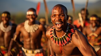 MANZINI, SWAZILAND - A Swazi prince performs a traditional dance with fellow warriors at the country's 50:50 celebrations.


 - obrazy, fototapety, plakaty