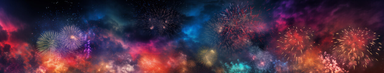 Vibrant Skyburst: A Panorama of Fireworks - obrazy, fototapety, plakaty