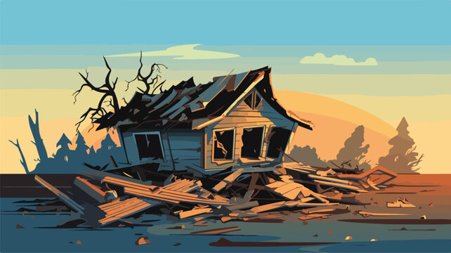 Destroyed wooden house flat style vector illustrati