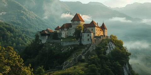 Background of Landscape with Old Castle in ghotic style - obrazy, fototapety, plakaty