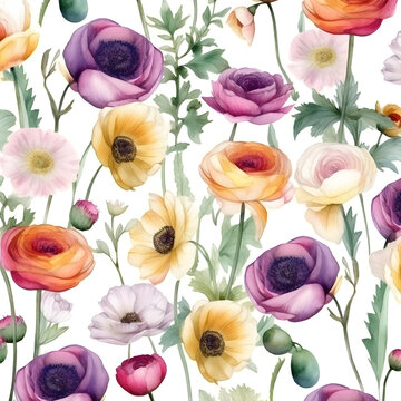 .**pattern of multicolored wild flowers with ranunculus in style of watercolor painting with white background -