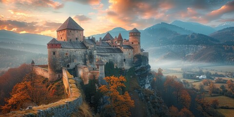 Background of Landscape with Old Castle in ghotic style - obrazy, fototapety, plakaty