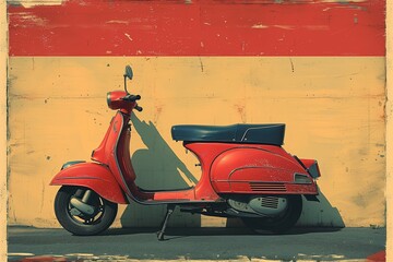 A red vintage scooter stands out against a striped red and yellow wall