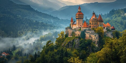 Background of Landscape with Old Castle in ghotic style - obrazy, fototapety, plakaty