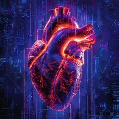 An intricately detailed neon red heart with embedded circuitry, superimposed on a dynamic background of digital data streams, conceptualizing high-tech medical diagnostics - obrazy, fototapety, plakaty