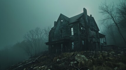 Eerie dusk settles over a dilapidated house enveloped in fog, where the windows glow with a haunting light, stirring a sense of mystery and suspense. - obrazy, fototapety, plakaty