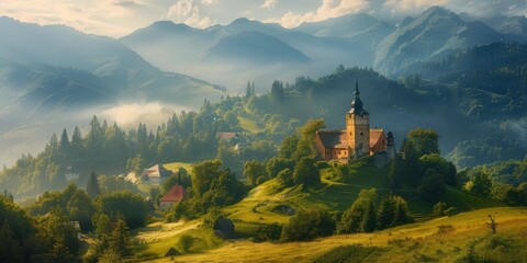 Background with the Old Gothic Castle in the hill - obrazy, fototapety, plakaty