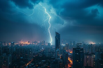 A close-up of a lightning bolt striking a towering skyscraper during a thunderstorm, with the city lights flickering below.